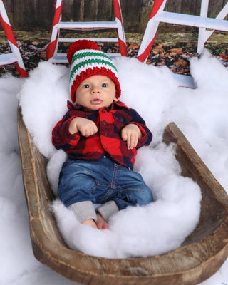 Green & white striped Christmas hat with giant red pom pom by Two Seaside Babes