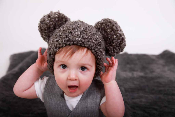 Charcoal gray giant pom pom winter hat by Two Seaside Babes