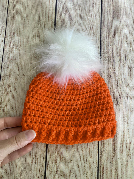 Pumpkin faux fur pom pom hat by Two Seaside Babes