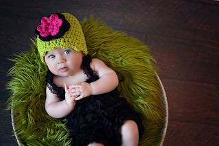 Lime green, black, and hot pink double flower flapper beanie