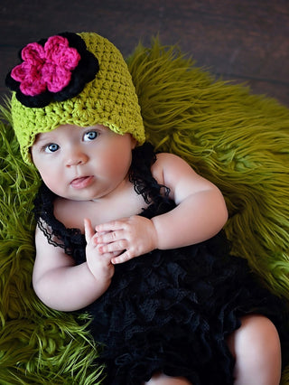 Lime green, black, and hot pink double flower flapper beanie