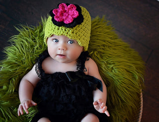 Lime green, black, and hot pink double flower flapper beanie
