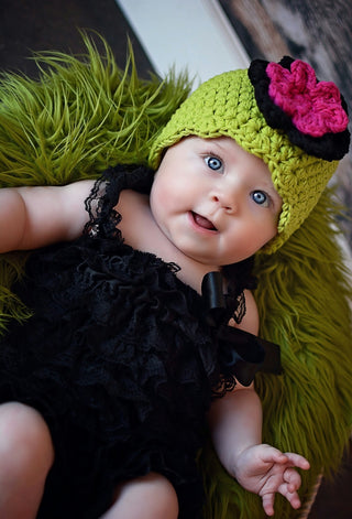 Lime green, black, and hot pink double flower flapper beanie