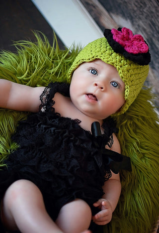 Lime green, black, and hot pink double flower flapper beanie