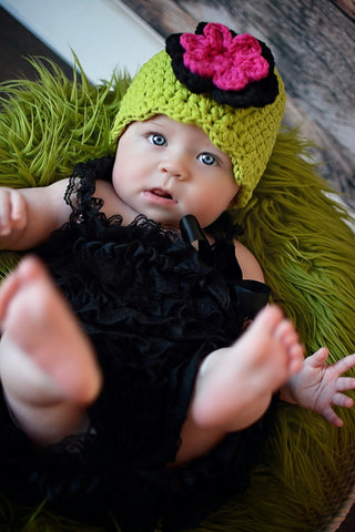 Lime green, black, and hot pink double flower flapper beanie
