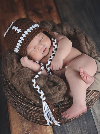 Brown & white football earflap hat by Two Seaside Babes