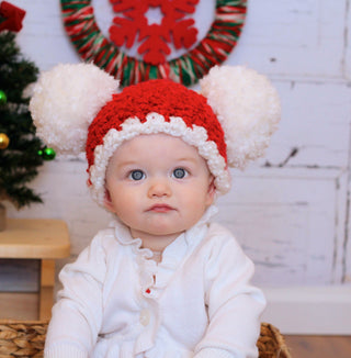 Red & white giant pom pom Christmas Santa hat, 6 to 9 month size, designed and crocheted by Two Seaside Babes