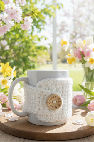 White mug with a crochet white coffee cozy featuring a "handmade with love" wooden button, set against a springtime outdoor background with flowers. This image was created with AI tools to show our Two Seaside Babes coffee cozy in a theme.