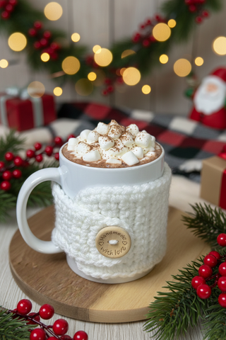 White mug cozy for coffee cup