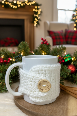 White mug with a crochet white coffee cozy featuring a "handmade with love" wooden button, set against a Christmas background with flowers. This image was created with AI tools to show our Two Seaside Babes coffee cozy in a theme.