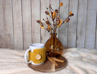 Golden yellow mug cozy for coffee cup by Two Seaside Babes