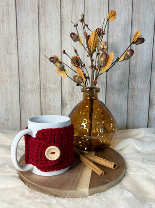 Cranberry crochet mug cozy for coffee cup by Two Seaside Babes