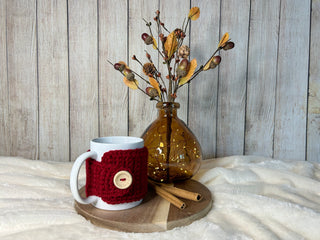 Cranberry crochet mug cozy for coffee cup by Two Seaside Babes