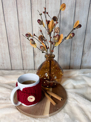 Cranberry crochet mug cozy for coffee cup by Two Seaside Babes