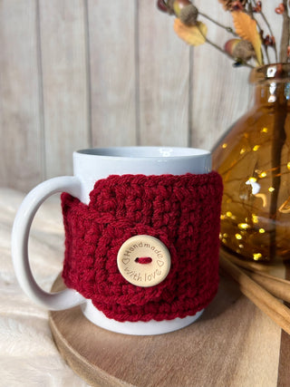 Cranberry crochet mug cozy for coffee cup by Two Seaside Babes