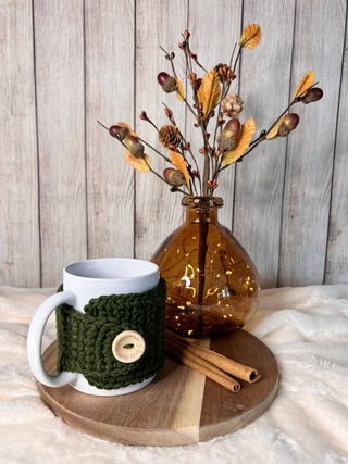 Olive green mug cozy for coffee cup by Two Seaside Babes