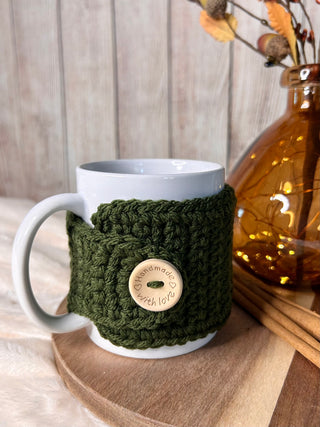 Olive green mug cozy for coffee cup by Two Seaside Babes