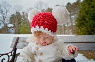 Red & white giant pom pom Christmas Santa hat, 9 - 12 month size, designed and crocheted by Two Seaside Babes