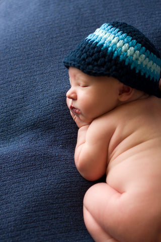 Newborn Navy Blue, Bright Blue, & Aqua Blue Striped Visor Beanie 