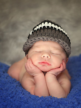 Newborn Elephant Gray, Black, & White Striped Visor Beanie by Two Seaside Babes