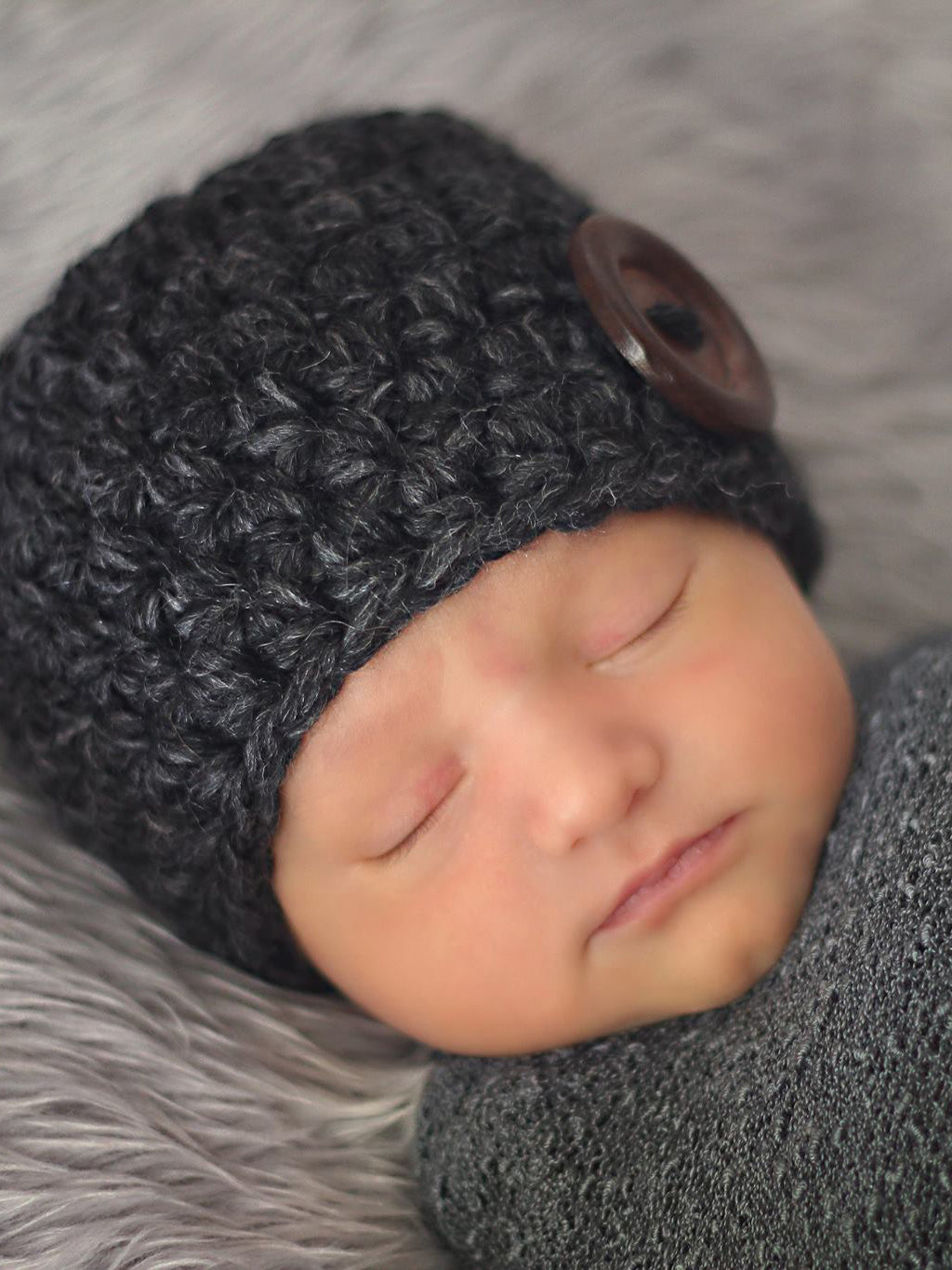 Charcoal gray button beanie baby hat by Two Seaside Babes