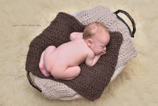 Linen & Dark Brown Wood | newborn photo prop layering baby blanket, basket stuffer, bucket filler
