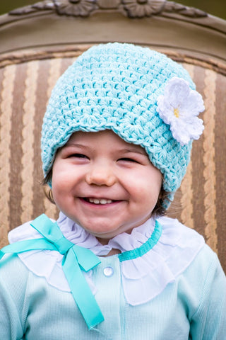 Aqua blue flapper beanie hat | 40 flower colors available