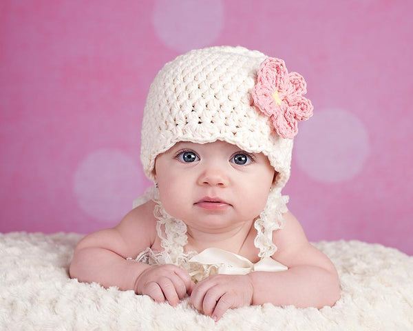 Cream flapper beanie hat | 34 flower colors available