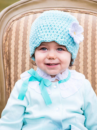 Aqua blue flapper beanie hat | 40 flower colors available