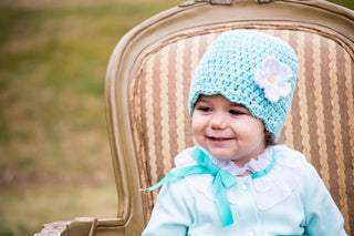 Aqua blue flapper beanie hat | 40 flower colors available