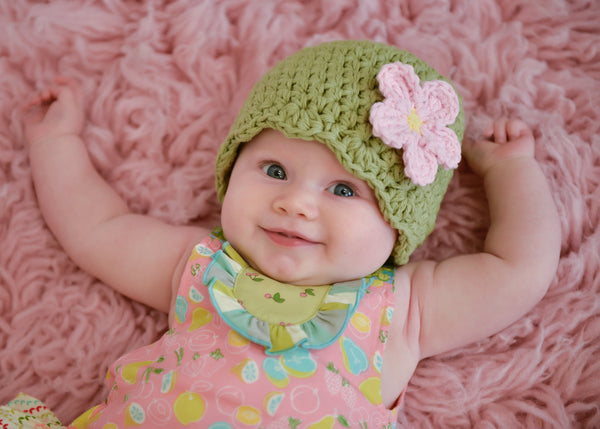 Country green flapper beanie hat | 34 flower colors available