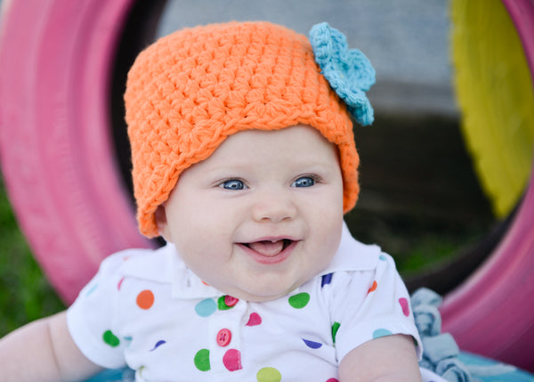 Orange flapper beanie hat | 34 flower colors available