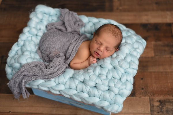 Pale blue newborn photo prop chunky bump blanket