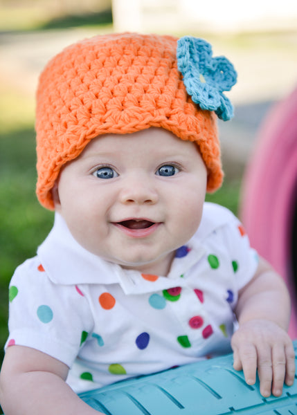 Orange flapper beanie hat | 34 flower colors available