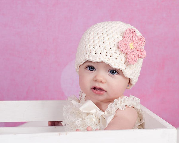 Cream flapper beanie hat | 34 flower colors available