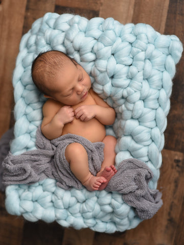 Pale blue newborn photo prop chunky bump blanket by Two Seaside Babes