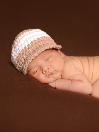 Newborn Khaki, Cream, & White Striped Visor Beanie by Two Seaside Babes