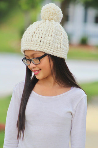 Cream sparkle pom beanie winter hat