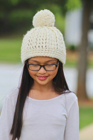 Cream sparkle pom beanie winter hat