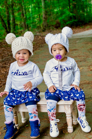 Cream sparkle double pom beanie winter hat