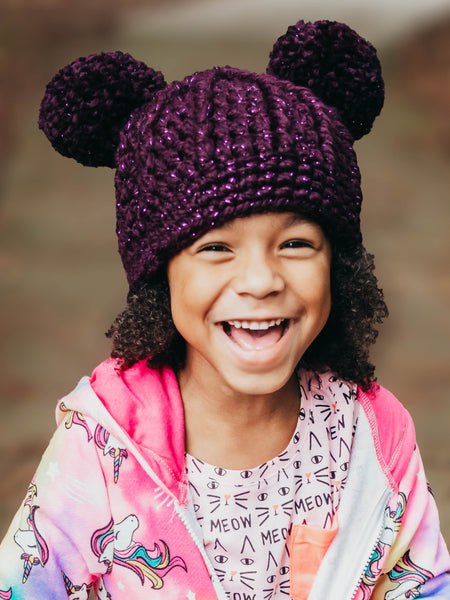 Eggplant sparkle double pom beanie winter hat by Two Seaside Babes