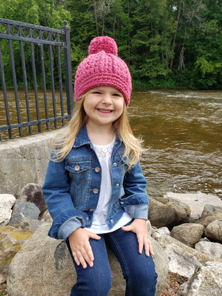 Raspberry pink pom beanie winter hat