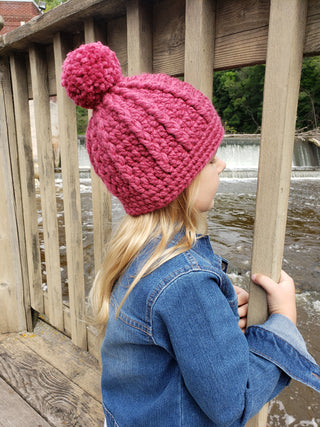 Raspberry pink pom beanie winter hat