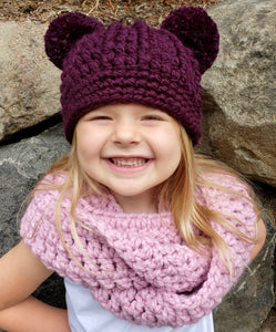 Purple eggplant double pom beanie winter hat by Two Seaside Babes