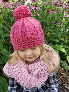 Raspberry pink pom beanie winter hat by Two Seaside Babes