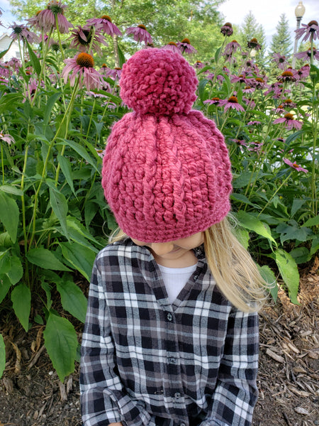 Raspberry pink pom beanie winter hat