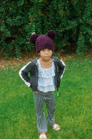 Eggplant sparkle double pom beanie winter hat