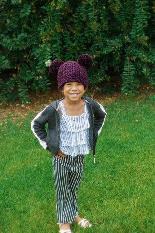 Eggplant sparkle double pom beanie winter hat