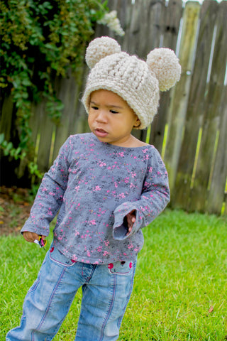 Cream sparkle double pom beanie winter hat