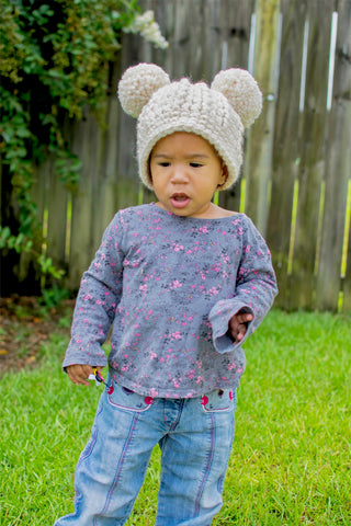 Cream sparkle double pom beanie winter hat